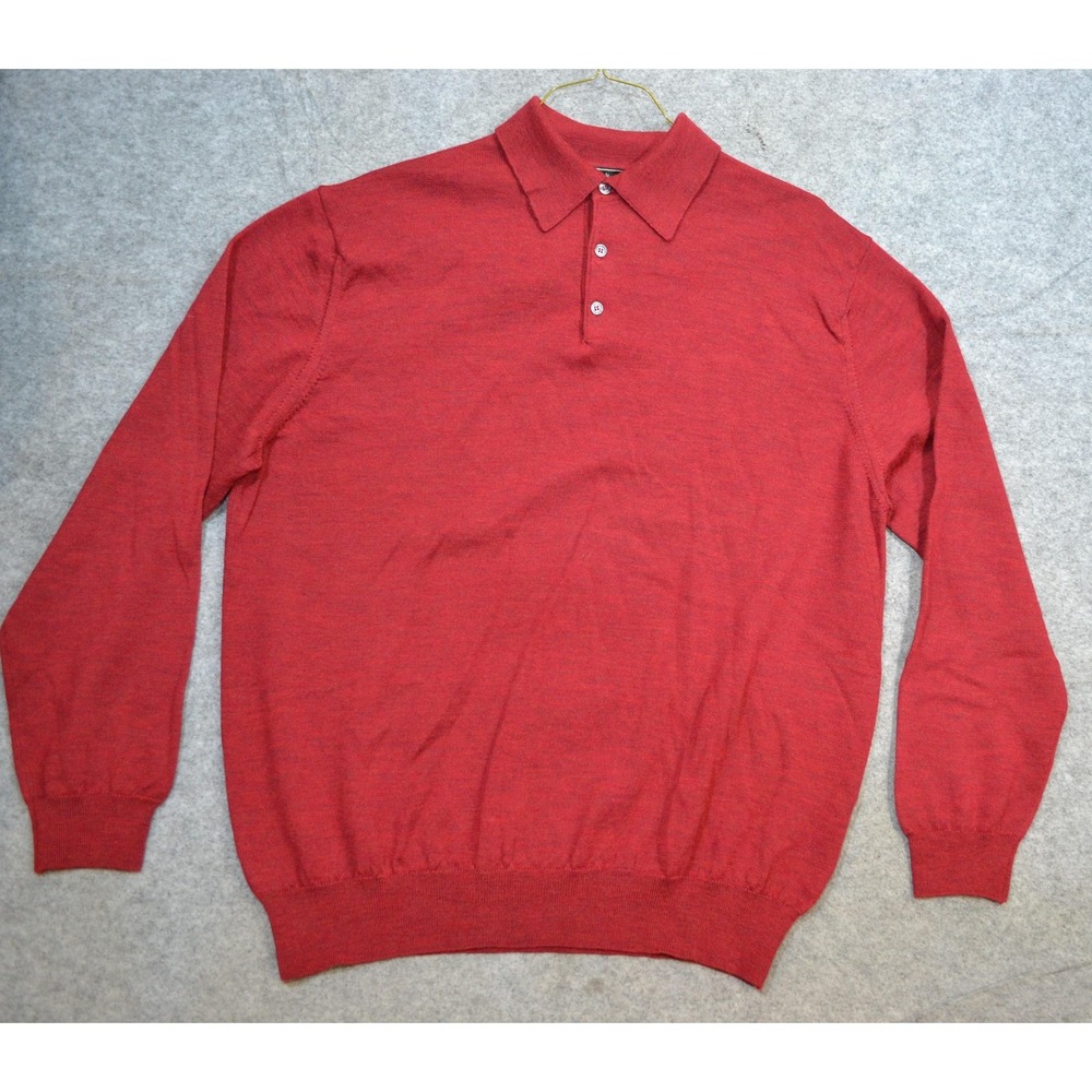 Neiman Marcus Sweater Mens XL Red Pure Merino Wool Polo Collar Pullover Italy